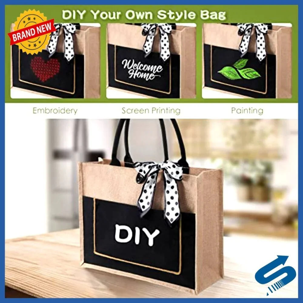 Large Jute Tote Bags Bulk Set with Handles Front Pocket DIY Blank Retro